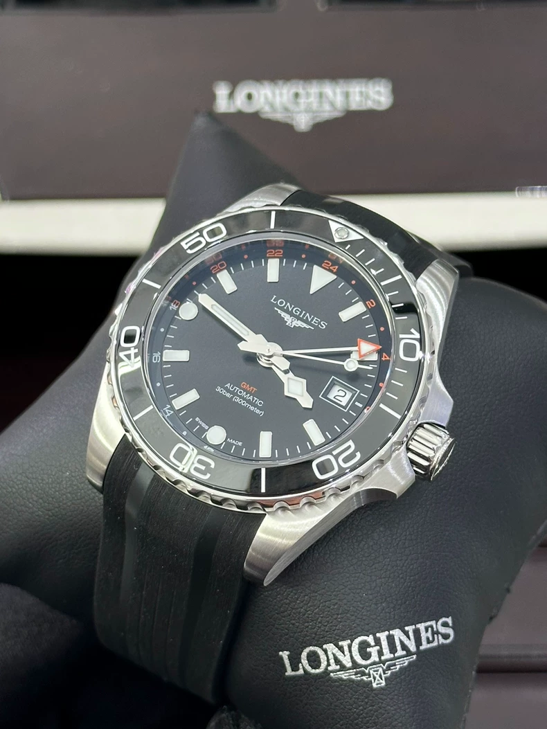 Longines new Concas GMT series men's automatic mechanical watch 41mm black dial rubber sports strap L3.790.4.56.9-3