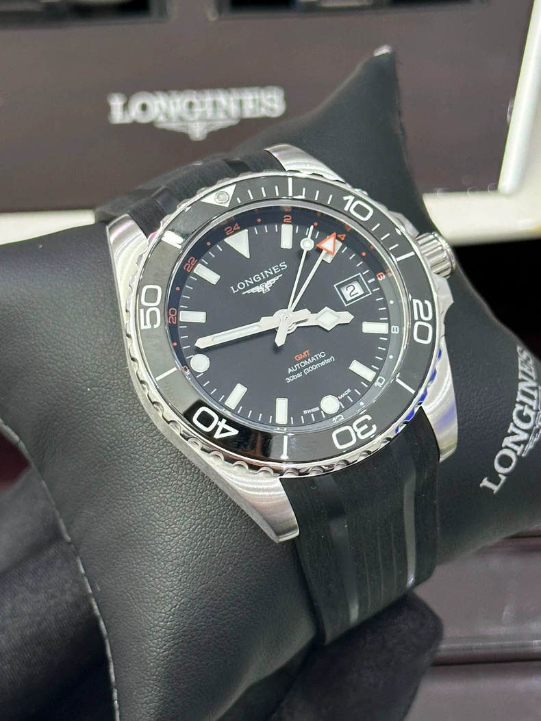 Longines new Concas GMT series men's automatic mechanical watch 41mm black dial rubber sports strap L3.790.4.56.9-2