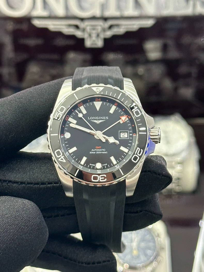 Longines new Concas GMT series men's automatic mechanical watch 41mm black dial rubber sports strap L3.790.4.56.9-8