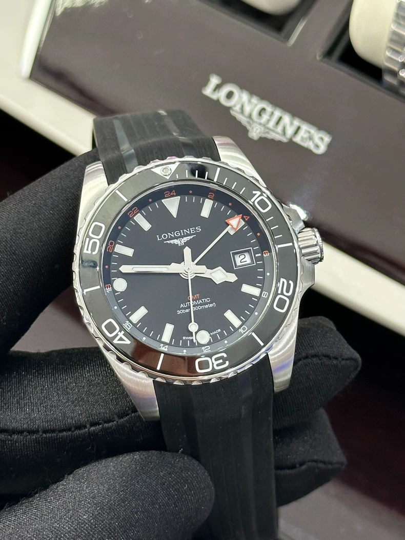 Longines new Concas GMT series men's automatic mechanical watch 41mm black dial rubber sports strap L3.790.4.56.9-4